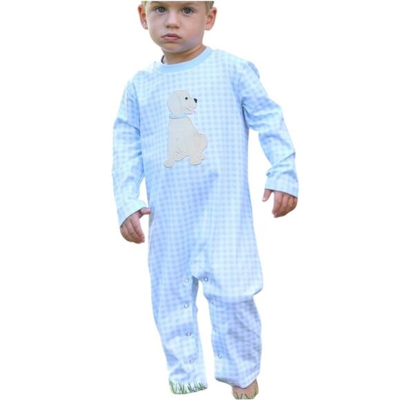 Trotter Street Kids Blue Puppy Gingham Romper Size 6M - Picture 1 of 4